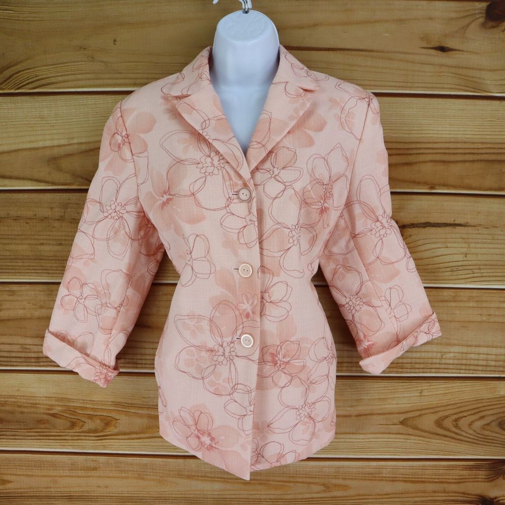 Alfred Dunner Blazer Jacket Lined Women Size 10 Salmon Pink Floral Shoulder Pads